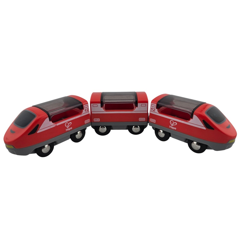 Hape‎ High Speed Passenger Train 3-Piece Magnetic Set Red GOOD Pretend Railway